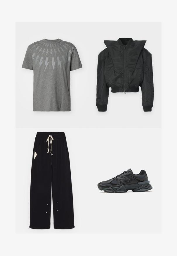 Juoda bomber tipo striukė su trumpintu siluetu, plačia apykakle, ribbinguotais rankogaliais ir užtrauktuku užsegama šonine kišene. Pagaminta iš glotnaus, lengvo audinio.; Pilkos medvilninės marškinėlių su grafiniu dizainu, kuriame šviesiai pilki žaibai išdėstyti apvaliu raštu aplink apykaklę.; Juodos plačios kelnės, pagamintos iš minkštos medžiagos, su raišteliu juosmeniui, šoninėmis kišenėmis ir trikampiu akcentu kišeniu. Įtraukti sidabriniai detalės.; Juodas bėgimo batelis, pagamintas iš tinklinės ir sintetinės medžiagos, turintis stambų pado dizainą, kreivą formą ir ryškią prekės ženklą šone.