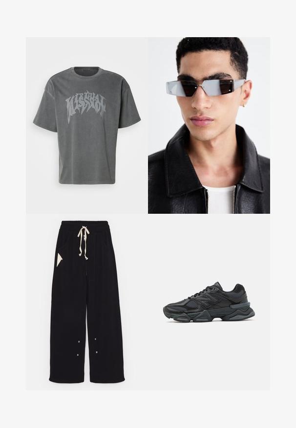 Černá bomber bunda s krátkým střihem, širokým límcem, žebrovanými manžetami a kapsou na zip na boku. Vyrobena z hladké, lehké tkaniny.; Šedé oversized tričko vyrobené z měkké bavlny, s bold, texturovanou grafickým potiskem v tmavší šedé na přední straně a krátkými rukávy.; Černé široké kalhoty vyrobené z měkké tkaniny, které mají stahovací pas, boční kapsy a trojúhelníkovou kapsu. Součástí jsou detaily ze stříbrného kovu.; Černá běžecká bota s kombinací síťoviny a syntetických materiálů, masivní podešev, zakřivený design a výrazné logo na boku.; Avenované sluneční brýle se šedým nádechem a stříbrnými doplňky, umístěné na světlém pozadí. Skla mají jedinečný geometrický tvar.