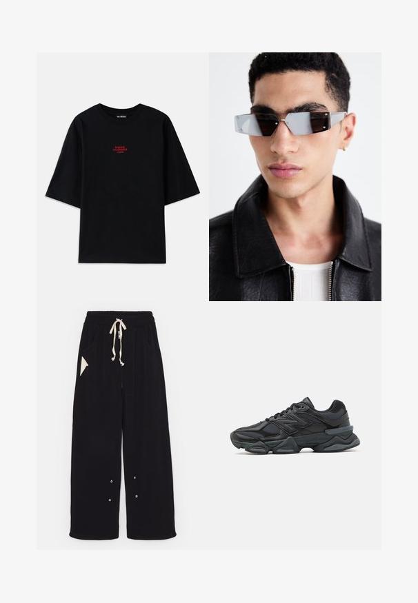 Černá bomber bunda s krátkým střihem, širokým límcem, žebrovanými manžetami a kapsou na zip na boku. Vyrobena z hladké, lehké tkaniny.; Černé bavlněné tričko s krátkým rukávem a kulatým výstřihem. Na hrudi je vyobrazeno červené grafické design "SNAKE CHARMER".; Černé široké kalhoty vyrobené z měkké tkaniny, které mají stahovací pas, boční kapsy a trojúhelníkovou kapsu. Součástí jsou detaily ze stříbrného kovu.; Černá běžecká bota s kombinací síťoviny a syntetických materiálů, masivní podešev, zakřivený design a výrazné logo na boku.; Avenované sluneční brýle se šedým nádechem a stříbrnými doplňky, umístěné na světlém pozadí. Skla mají jedinečný geometrický tvar.