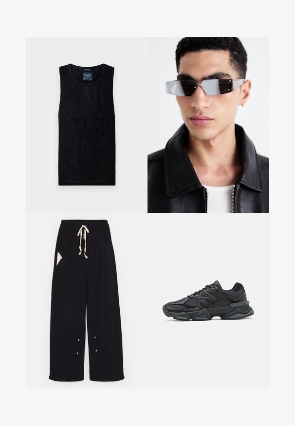 Sort bomberjakke med cropped design, bred krave, ribbet manchetter og lynlåslomme på siden. Fremstillet af glat, let stof.; Sort ribbet tanktop med rund halsudskæring og cropped design. Fremstillet af letvægtsstof, med subtil tekstur og uden pynt.; Sorte bredde ben bukser lavet af blødt stof med snoreliv, sidelommer og en trekantet accentlomme. Sølv hardware detaljer inkluderet.; Sorte løbesko med en blanding af mesh og syntetiske materialer, kraftig sål, buet design og fremtrædende branding på siden.; Vinkelformede gråtonede solbriller med sølvhardware, sat mod en lys baggrund. Linsen har en unik geometrisk form.