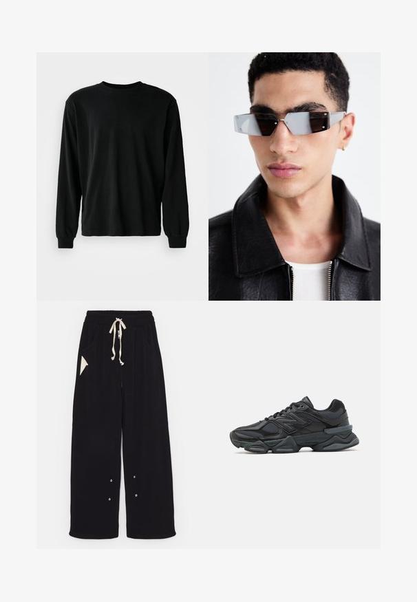 Czarna kurtka bomberka o skróconym kroju, szerokim kołnierzu, ściągaczowych mankietach i zapinana na zamek kieszeń boczna. Wykonana z gładkiej, lekkiej tkaniny.; Czarna koszula z długim rękawem, wykonana z bawełny, z okrągłym dekoltem, luźnym krojem i dopasowanymi mankietami, o gładkiej teksturze i bez widocznych wzorów.; Czarne spodnie w szerokim kroju wykonane z miękkiej tkaniny, z elastycznym pasem na sznurek, bocznymi kieszeniami oraz trójkątną kieszonką akcentującą. Zawierają elementy ze srebrnego metalowego wykończenia.; Czarne buty biegowe z mieszanką siateczki i materiałów syntetycznych, masywną podeszwą, opływowym kształtem oraz wyraźnym brandingiem z boku.; Kątowe, szare okulary przeciwsłoneczne z metalowymi elementami w kolorze srebrnym, na jasnym tle. Soczewki mają unikalny, geometryczny kształt.