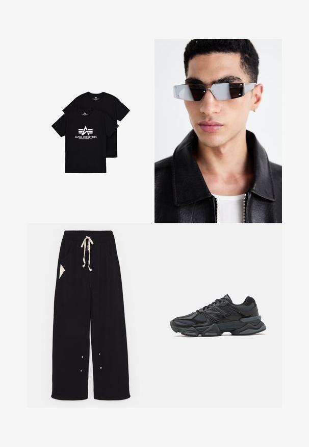Črna bombažna jakna s krajšim krojem, širokim ovratnikom, rebrastimi manšetami in žepom na zadrgo na strani. Iz gladkega, lahkega blaga.; Črne bombažne majice s poudarjenim belim logotipom z "A" in tremi črtami spodaj. Okrogla ovratnika in kratki rokavi, prikazane v zloženem položaju.; Črne široke hlače iz mehkega blaga z elastičnim pasom na vrvico, stranskimi žepi in trikotnim dodatnim žepom. Vključeni so srebrni detajli.; Črne tekaške superge, ki združujejo mrežaste in sintetične materiale, imajo debel podplat, ukrivljen oblikovni slog ter izrazito blagovno znamko na strani.; Angularne sončne očala s sivim tonom in srebrnim okovjem, postavljena na svetli podlagi. Leče imajo edinstveno geometrijsko obliko.
