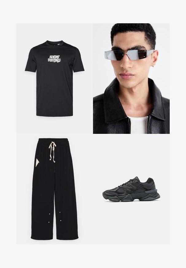 Schwarze Bomberjacke mit kurzem Schnitt, weitem Kragen, gerippten Bündchen und seitlicher Reißverschlusstasche. Hergestellt aus glattem, leichtem Stoff.; Schwarzes T-Shirt aus Baumwolle; runder Halsausschnitt; kurze Ärmel; auf der Vorderseite mit einem weißen Adidas Fußball-Logo.; Schwarze weite Hose aus weichem Stoff mit einem Tunnelzugbund, Seitentaschen und einer dreieckigen Akzenttasche. Silberne Hardware-Details sind enthalten.; Schwarzer Laufschuh mit einer Mischung aus Mesh- und sinthetischen Materialien, dicke Sohle, geschwungenes Design und auffälliger Markenkennzeichnung an der Seite.; Eckige, grau getönte Sonnenbrillen mit silberner Hardware, vor einem hellen Hintergrund. Die Gläser weisen eine einzigartige geometrische Form auf.