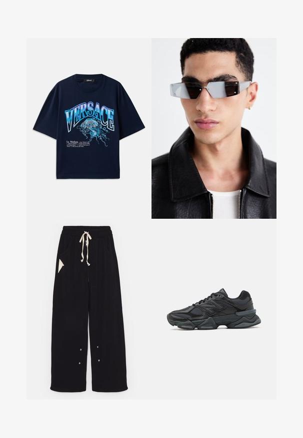 Melna bombers žaka ar īsu dizainu, platu apkakli, ribotiem manžetiem un sānu kabatu ar rāvējslēdzēju. Izgatavota no gludas, vieglas auduma.; Jūras spēku kokvilnas T-krekls ar īsām piedurknēm, ar grafiku, kurā attēlota Medūza, un tekstu ziliem un baltiem burtiem. Apaļā kakla izgriezums, brīvā piegriezuma.; Melni plati bikses, izgatavotas no mīksta auduma, ar aukliņu viduklī, sānu kabatām un trīsstūrveida akcenta kabatu. Iekļautas sudraba detaļas.; Melna skriešanas apavi ar jauktu acu audumu un sintētiskiem materiāliem, masīvu zoli, izliekta dizaina elementiem un izteiktu zīmola logotipu uz sāniem.; Stūrainas pelēkā toņa saulesbrilles ar sudraba detaļām, novietotas uz gaiša fona. Lēcas ir ar unikālu ģeometrisku formu.