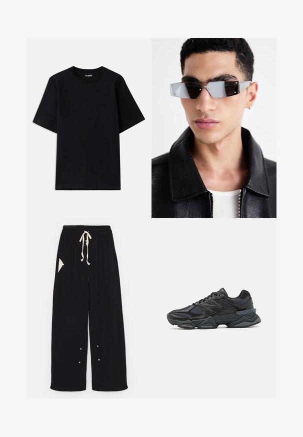 Melna bombers žaka ar īsu dizainu, platu apkakli, ribotiem manžetiem un sānu kabatu ar rāvējslēdzēju. Izgatavota no gludas, vieglas auduma.; Melnas kokvilnas T-krekls ar apaļu kaklu un īsām piedurknēm. Iezīmējas ar diskrētu logo izšuvumu kreisajā krūtīs. Gluda, plakanā tekstūra.; Melni plati bikses, izgatavotas no mīksta auduma, ar aukliņu viduklī, sānu kabatām un trīsstūrveida akcenta kabatu. Iekļautas sudraba detaļas.; Melna skriešanas apavi ar jauktu acu audumu un sintētiskiem materiāliem, masīvu zoli, izliekta dizaina elementiem un izteiktu zīmola logotipu uz sāniem.; Stūrainas pelēkā toņa saulesbrilles ar sudraba detaļām, novietotas uz gaiša fona. Lēcas ir ar unikālu ģeometrisku formu.