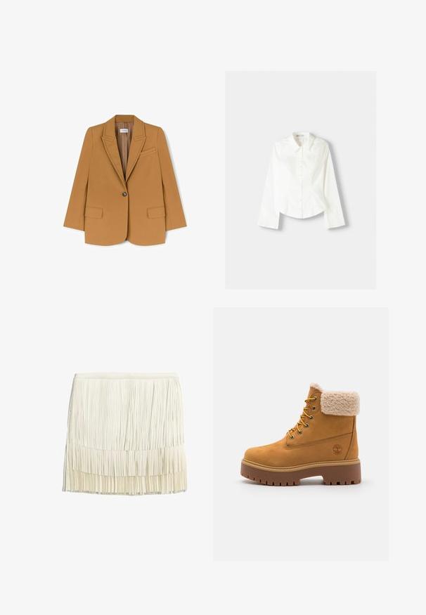 Kamelfärgad blazer i ett mjukt tyg, med spetsig krage, enkel knappstängning och två framfickor. Skräddarsydd design med minimala detaljer.; Vit skjorta med lång ärm, med klassisk krage, strukturerad passform och subtila vertikala sömmar för extra detalj.; Franskjol i krämfärgad, tillverkad av lager av tygremsor. Har ett figursytt midjeband och en strukturerad, lager-på-lager design med vertikala fransar.; Tan mockalädersko med en konstläderkrage, gyllene öglor och kontrasterande gummisula. Har en logotyp på sidan och ett strukturerat mönster på sulan.