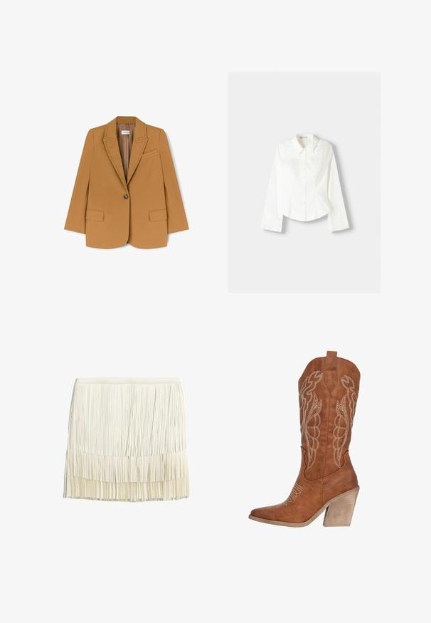 Kamelhaarfarbener Blazer aus glattem Stoff, mit Reverskragen, Ein-Knopf-Verschluss und zwei vorderen Taschen. Maßgeschneiderte Form mit minimaler Detailgestaltung.; Weißes Hemd mit langen Ärmeln, klassischem Kragen, strukturiertem Schnitt und subtilen vertikalen Nähten für zusätzliche Details.; Fransenrock in Creme, gefertigt aus schichtenweisen Stoffstreifen. Verfügt über einen taillierten Bund und ein strukturiertes, gestuftes Design mit vertikalen Fransen.; Braune Leder-Cowboystiefel mit weißem Stickdesign, spitzer Zehenform und strukturiertem Blockabsatz. Mit Ziehschlaufe für ein einfaches An- und Ausziehen.