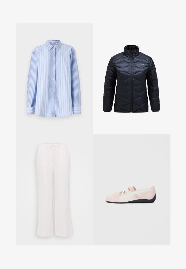 Mīksts melns jaka ar augstu apkakli, kas apdrukāta ar viļņveida adījumu un priekšējo rāvējslēdzēju. Logo uz kreisā krūša.; Zilā un balta svītraina garenā piedurkne krekls, izgatavots no viegla auduma, ar klasisku apkakli un pogām pie priekšpuses.; Bālti plašas bikses, izgatavotas no viegla auduma, ar elastīgu jostu un stieptvadu, kā arī vertikālām šuvēm, kas piešķir tekstūru.; Rozā zamša slēgtā tipa kurpe ar baltām akcentiem, gumijas zole un elastīgām siksnām. Iespējojusi teksturēts dizains un neliela logo priekšpusē.