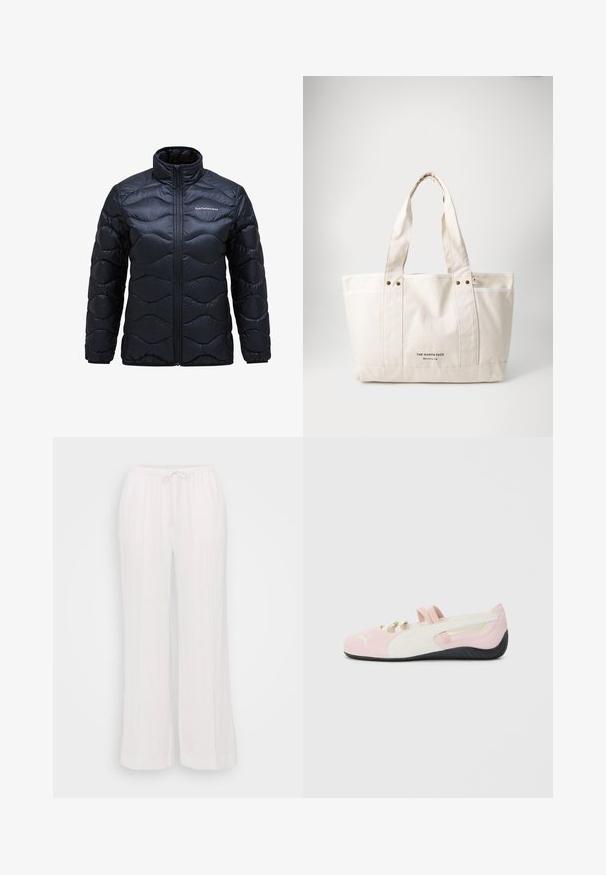 Mīksts melns jaka ar augstu apkakli, kas apdrukāta ar viļņveida adījumu un priekšējo rāvējslēdzēju. Logo uz kreisā krūša.; Garās piedurknes, apaļas kakla formas krekls baltā krāsā ar horizontālām svītrām jūras zilā un zaļā krāsā. Pieder neliels izšūts logo uz krūtīm.; Bālti plašas bikses, izgatavotas no viegla auduma, ar elastīgu jostu un stieptvadu, kā arī vertikālām šuvēm, kas piešķir tekstūru.; Rozā zamša slēgtā tipa kurpe ar baltām akcentiem, gumijas zole un elastīgām siksnām. Iespējojusi teksturēts dizains un neliela logo priekšpusē.; Gaišbēšā krāsā auduma soma ar divām izturīgām rokturiem, kontrastējošu balto apdari un melno logotipu "THE NORTH FACE" priekšpusē.