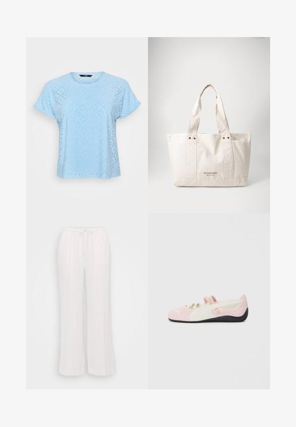 Padded black jacket with a high collar, featuring a wavy quilted pattern and a front zip closure. Logo printed on the left chest.; Light blue short-sleeve top featuring a textured fabric with diamond and circular cutouts, creating a breathable design.; White wide-leg pants made of lightweight fabric, featuring an elastic waistband with a drawstring and vertical seams for texture.; Pink suede slip-on shoe with white accents, rubber sole, and elastic straps. Features a textured design and a small logo on the front.; Canvas tote bag in light beige with two sturdy handles, contrasting white trim, and logo "THE NORTH FACE" in black at the front.