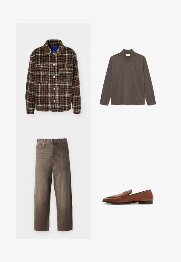 Rutig jacka i brunt, krämfärgad och marinblått. Tillverkad av textil med struktur, har krage, knappstängning och två bröstfickor.; Brun långärmad polo tröja i mjuk bomull. Har en krage, placket med tre knappar och synliga sömdetaljer.; Bruna vida jeans i denim. Har dragkedja, bältesloopar och fem fickor. Tyget har en urtvättad, texturerad yta.; Bruna lädersneakers med låg silhuett, rund tå och sydda detaljer på framdelen. En solid svart sula med en slät yta.