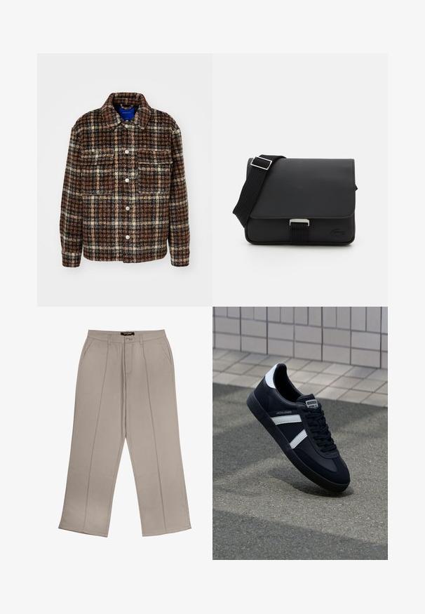 Karirana jakna v rjavi, krem in mornarsko modri barvi. Narejena iz teksturiranega materiala, s ovratnikom, gumbnim zapiranjem in dvema prsnih žepoma.; Bela kratka majica s kratkimi rokavi, narejena iz bombaža, z okroglo ovratnikom in gladko teksturo, s pravim krojem in brez vzorcev.; Bež hlače širokega kroja iz blaga, z sprednjimi žepi, zadrgo in dvema navpičnima šivoma na vsaki nogavici.; Črne usnjene superge z belimi črtami, teksturiran gumijast podplat in zavezovanje spredaj. Imajo označeno oznako na ježku.; Črna messenger torba iz teksturiranega materiala z zapiranjem na pokrov, nastavljivim trakom in kovinsko opremo. Ima detajl z logotipom na sprednji strani.