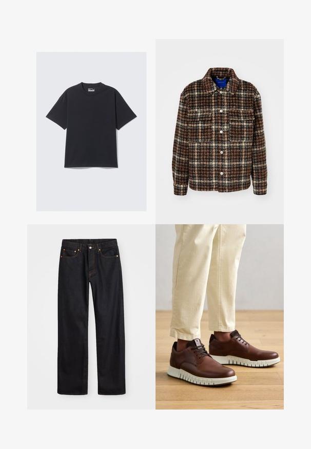 Karirana jakna v rjavi, krem in mornarsko modri barvi. Narejena iz teksturiranega materiala, s ovratnikom, gumbnim zapiranjem in dvema prsnih žepoma.; Črna bombažna majica z običajnim okroglim ovratnikom, kratkimi rokavi in sproščenim krojem. Gladka tekstura s minimalnimi šivi.; Moške črne kavbojke ravnega kroja z petimi žepi in oranžnim šivanjem, z gumbom in zadrgo na sprednjem pasu.; Rjave usnjene čevlje z belo podplatom, s zaobljenim nosom, vezanjem in strukturiranimi žlebovi ob podplatu.