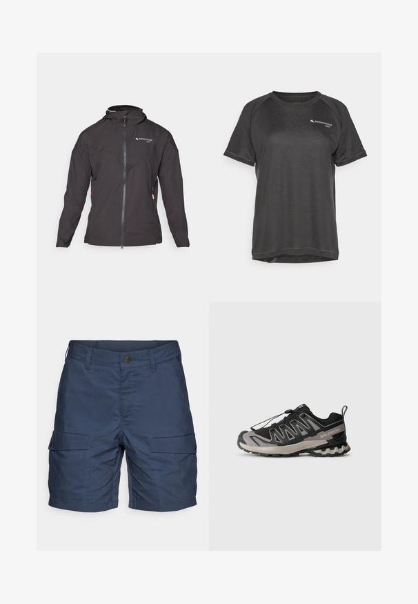 Svart jakke med glidelås foran, hette og mesh-detaljer. Har et skrå sømdesign og sidelommer med glidelås for oppbevaring. Lettvektig stoff.; Korte ermede treningsskjorte i mørkegrå, med strukturert stoff, raglanermer og en liten logo på venstre front.; Marineblå cargo shorts laget av lett materiale, med to sidelommer, knappelukking og en avslappet passform.; Svart og grå atletisk sko med mesh-overdel, gummisåle og elastisk snøresystem. Har forsterket tå og teksturerte detaljer.
