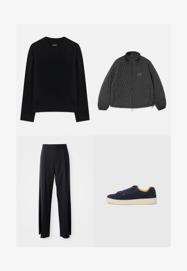 Crna jakna s preklopnim uzorkom, prednji zip, bočni džepovi sa zipom i mali pravokutni logotip na prsima.; Crna pletiva od mekog materijala, s okruglim izrezom, dugim rukavima, opuštenim krojem i rebrastim rubom. Jednostavan, jednobojan dizajn bez uzoraka.; Crne, hlače visokog struka s širokim nogavicama, izrađene od glatkog materijala. Sadrže prednje nabore i petlje za remen. Minimalistički dizajn, bez vidljivih metalnih dijelova.; Mornarsko plava nubuk niska tenisica s okruglim prstom, off-white gumeni đon i usklađene vezice; ima kontrastnu smeđu unutrašnju oblogu.