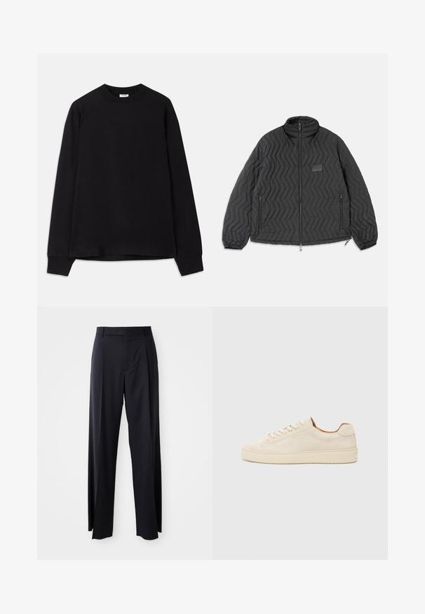 Black quilted jacket with chevron stitching, front zipper, zippered side pockets, and a small rectangular patch on the chest.; Black long-sleeve t-shirt made of soft cotton. Features a round neckline, loose fit, and ribbed cuffs. No visible patterns or logos.; Black, high-waisted trousers with a wide-leg cut, made of smooth fabric. Features front pleats and belt loops. Minimalistic design, no visible hardware.; Beige suede sneaker with a low-top design, round toe, flat laces, and a textured rubber sole. Minimalist style with no visible logos.