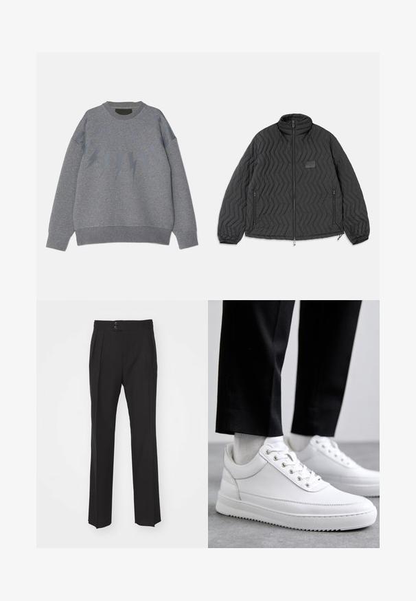 Giacca nera trapuntata con cuciture a zig zag, zip frontale, tasche laterali con zip e una piccola toppa rettangolare sul petto.; Felpa grigia con scollatura rotonda, caratterizzata da un motivo a saetta di una tonalità leggermente più scura sul petto. Tessuto morbido, vestibilità comoda.; Pantaloni neri su misura con design a gamba dritta, due tasche anteriori e chiusura a doppio bottone in vita. Tessuto dalla finitura liscia.; Sneakers bianchi in pelle con suola piatta in gomma, dotati di una finitura liscia, punta rotonda e occhielli in metallo per i lacci. Indossati con pantaloni neri.