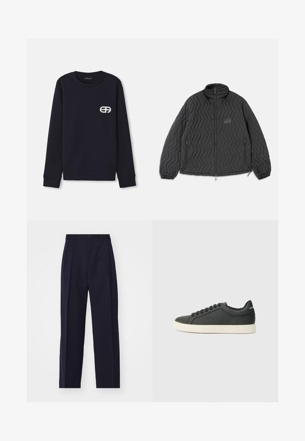 Casaco acolchoado preto com costura em zigue-zague, fecho frontal, bolsos laterais com fecho e um pequeno rectângulo em uma das peitas.; Sweatshirt azul marinho feito de mistura de algodão, com um decote redondo, punhos e barra canelados, com um logótipo bordado em branco no peito.; Calças ajustadas azul marinho com um design de perna reta, pregas na frente, fecho de botão e sem bolsos visíveis. Textura do tecido suave.; Sapatilha de couro preto com perfil baixo, bico arredondado e fecho de atacadores; apresenta uma sola de borracha texturizada e detalhe do logotipo no calcanhar.