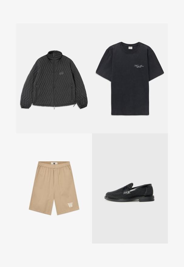 Giacca nera trapuntata con cuciture a zig zag, zip frontale, tasche laterali con zip e una piccola toppa rettangolare sul petto.; T-shirt nera a maniche corte con collo rotondo, dotata di un piccolo logo bianco "Filling Pieces" sul lato sinistro del petto.; Pantaloni corti beige realizzati in un tessuto leggero con una vita elastica, tasche laterali e un'accenno di logo bianco sulla parte bassa della gamba sinistra.; Scarpa nera a mocassino intrecciata con un accentuato in pelle liscia sulla parte superiore, design a punta rotonda e suola in gomma a profilo basso.