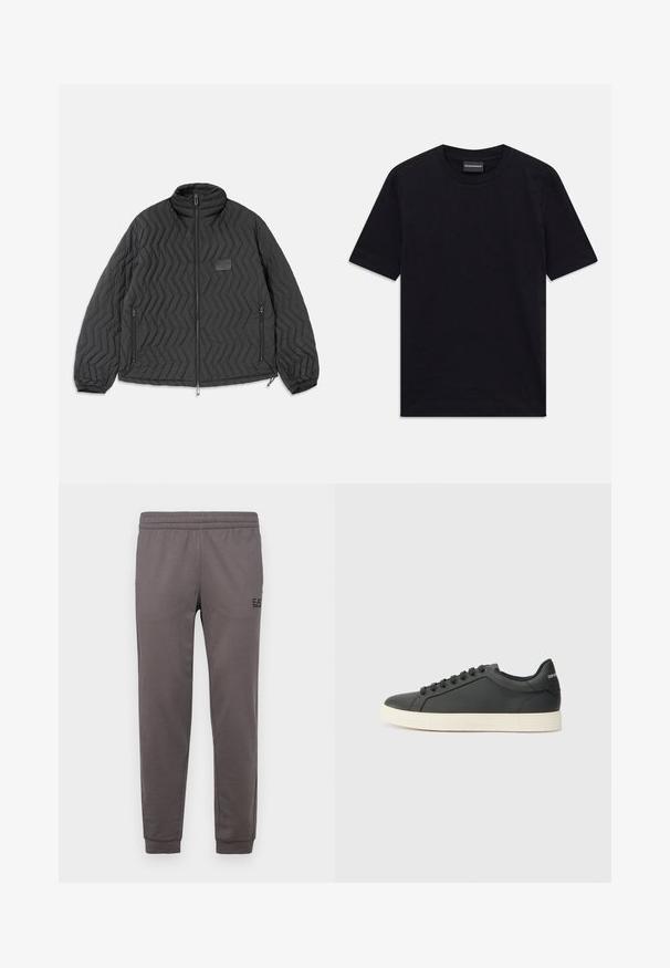 Melnā izšūtu ādu jaka ar chevron šuvēm, priekšējā rāvējslēdzēja, ar rāvējslēdzēja sānu kabatām un mazu taisnstūrveida uzlīmi uz krūtīm.; Melnā T-kreklā ar īsām piedurknēm, apaļo kakla izgriezumu, ar smalku reljefu rakstu un zīmola etiķeti iekšpusē kaklā, novietots uz baltas virsmas.; EA7 Emporio Armani TRAIN CORE PANTS - Treniņtērpa apakšdaļas - volcanic glass; Melna ādas kedas ar zemu profilu, noapaļotu purngalu un savelkamu aizdari; ar teksturētu gumijas zoli un logotipa detaļu uz papēža.