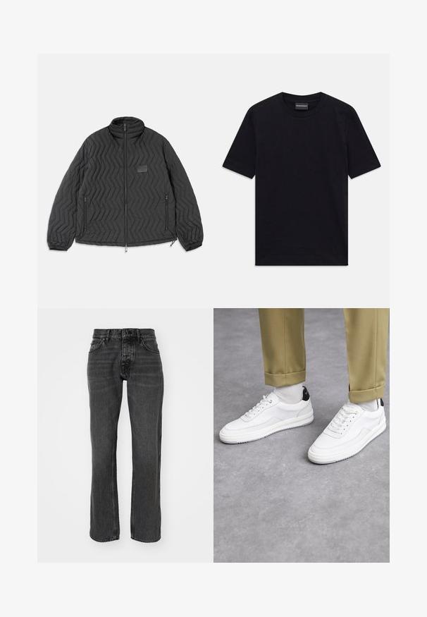 Chaqueta acolchada negra con costura en forma de chevron, cremallera frontal, bolsillos laterales con cremallera y un pequeño parche rectangular en el pecho.; Camiseta negra de manga corta y cuello redondo con un sutil patrón en relieve y etiqueta de la marca en el interior del cuello, colocada plano sobre fondo blanco.; Jeans de mezclilla negros con un diseño de pierna recta, que cuentan con bolsillos estándar y costuras en contraste. El material tiene una ligera textura y un acabado desgastado.; Zapatillas blancas con un acabado de cuero texturizado, punta redondeada y acento negro en el talón. Suela de goma con un pequeño patrón de relieve y detalle de costura.