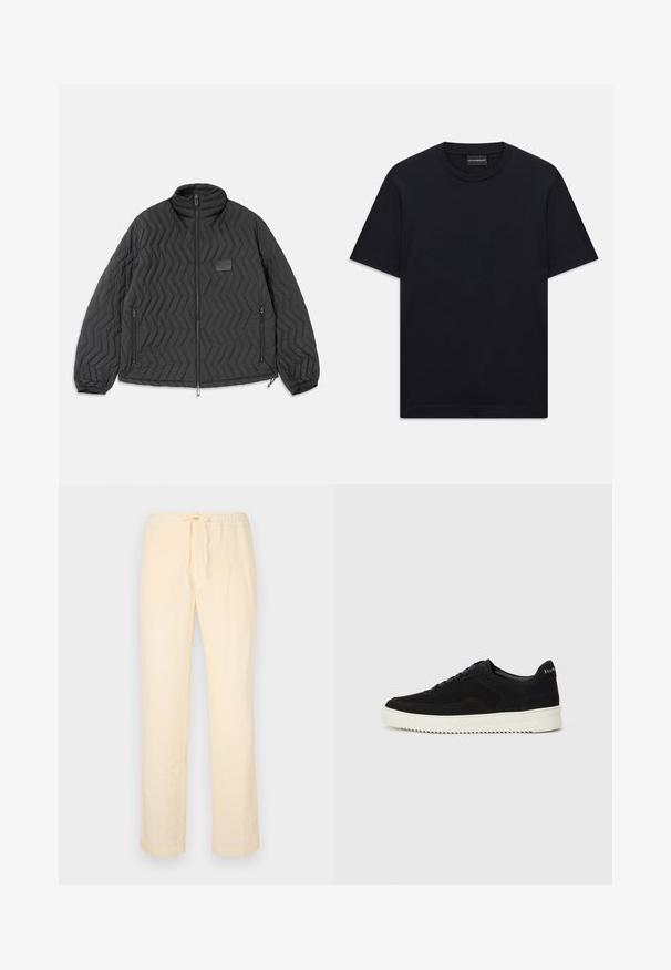 Schwarze gesteppte Jacke mit Zickzacknähten, Frontreißverschluss, seitlichen Reißverschlusstaschen und einem kleinen rechteckigen Patch auf der Brust.; Schwarzes T-Shirt mit kurzem Arm und Rundhalsausschnitt, mit dezentem, erhabenem Logodesign in der Mitte der Brust und einem Markenetikett im Kragen.; Helle, lockere Hosen aus weichem Stoff, mit einem elastischen Bund und Kordelzug sowie geraden Beinen.; Schwarze Wildleder-Sneaker mit Schnürdesign und kontrastierender weißer Gummisohle. Verfügt über strukturierte Seitenpaneele und dezentes Branding an der Ferse.