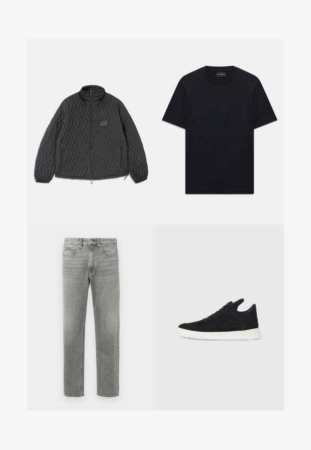 Juodas siuvinėtas švarkas su ševrono raštu, priekinis užtrauktukas, užtrauktukais uždaromos šoninės kišenės ir mažas stačiakampis ženkliukas ant krūtinės.; Juoda trumpo rankovės marškinėliai su apvalia iškirpte, su subtiliu iškilniu logotipo dizainu viduryje krūtinės ir ženklu vidinėje apykaklės pusėje.; Pilki džinsai su tiesiu sijonu, su klasikiniu penkių kišenių dizainu ir subtiliu nusidėvėjimu tekstūrai. Standartinis užtrauktuko uždarymas.; Juodų suede sportbačių su balta gumine padu, su toniniais siuvinėjimais ir raištelių užsegimu. Sklandus paviršius su šiuolaikine, laiko forma.