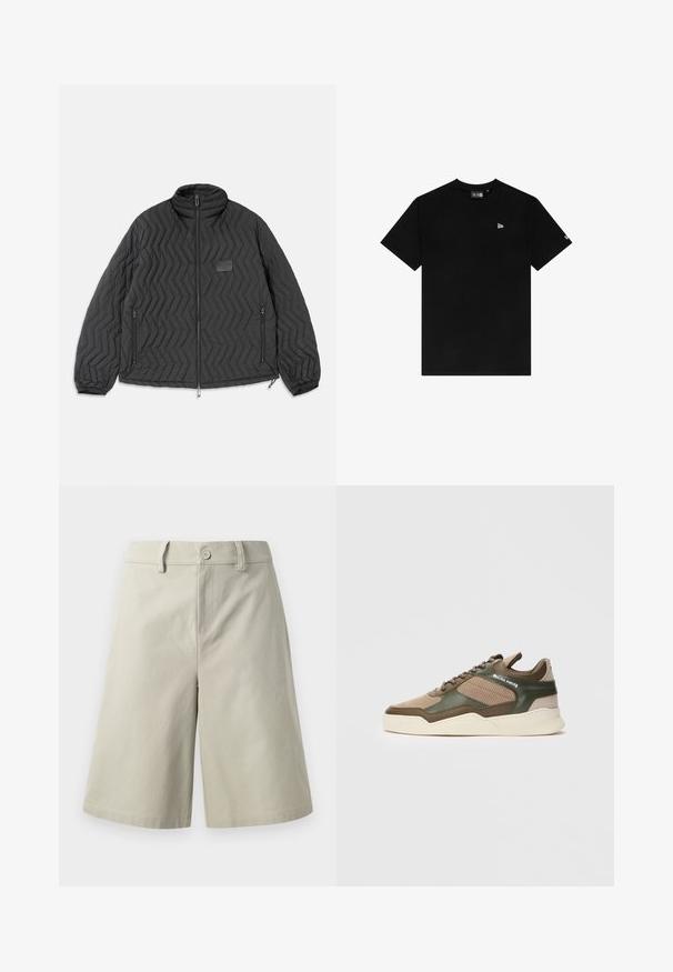 Μαύρο υφασμάτινο μπουφάν με πλεκτή ραφή σε σχήμα βέλους, εμπρός φερμουάρ, φερμουάρ στις πλευρικές τσέπες και μια μικρή ορθογώνια ετικέτα στο στήθος.; Μαύρη βαμβακερή μπλούζα T-shirt με στρογγυλή λαιμόκοψη και κοντά μανίκια, με μικρό λευκό λογότυπο στο αριστερό στήθος και χωρίς επιπλέον σχέδια ή διακοσμήσεις.; Ανοιχτού μπεζ σορτσάκια φτιαγμένα από βαμβάκι, με ίσια γραμμή, μπροστινές τσέπες, κλείσιμο με κουμπί και λεία υφή.; Μπεζ και πράσινο χαμηλό παπούτσι με τρύπες στην πλευρά, λευκή σόλα, κορδόνια μπροστά και σήμανση "FILLING PIECES" στο πλαϊνό πάνελ.