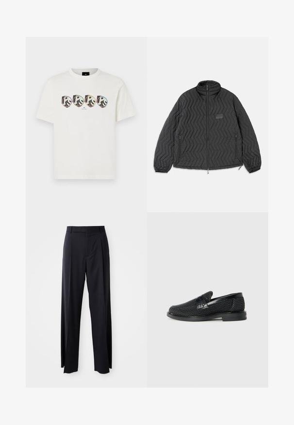 Černá prošívaná bunda s šípovým prošíváním, předním zipem, bočními kapsami na zip a malou obdélníkovou nášivkou na hrudi.; Bílý bavlněný tričko s čtyřmi kruhovými grafickými potisky se stylizovanými logy "PS" v různých barvách a černým obrysem. Krátké rukávy.; Černé kalhoty s vysokým pasem a širokým střihem, vyrobené z hladké látky. Mají přední sklady a poutka na opasek. Minimalistický design, bez viditelného kovového hardwaru.; Černé pletené nazouvací boty s hladkým koženým akcentem na svršku, kulatou špičkou a nízkoprofilovou gumovou podrážkou.