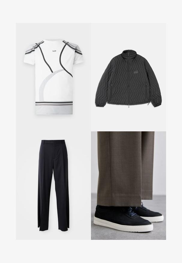 Melnā izšūtu ādu jaka ar chevron šuvēm, priekšējā rāvējslēdzēja, ar rāvējslēdzēja sānu kabatām un mazu taisnstūrveida uzlīmi uz krūtīm.; Balta sporta T-kreklā ar pelēkiem un melniem izliektiem akcentiem, acu tipa plecu paneļiem un logotipu aizmugurē. Izstrādāts ar mērķi nodrošināt pieguļošu izskatu un komfortu.; Melnas, augstās vidukļa bikses ar platām kājām, izgatavotas no gludas auduma. Iezīmē priekšējās krokas un jostas cilpas. Minimalistisks dizains, bez redzamām detaļām.; Melni zamšaini sporta apavi ar baltām gumijas zolēm, ar noapaļotu purngalu un auklām, valkāti ar pelēkiem piegrieztiem biksēm.