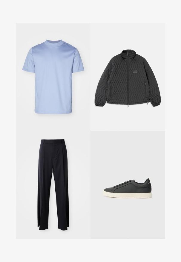 Crna jakna s preklopnim uzorkom, prednji zip, bočni džepovi sa zipom i mali pravokutni logotip na prsima.; Svijetloplava majica kratkih rukava s visokim okruglim izrezom, izrađena od mekog pamučnog materijala. Ima čist i jednostavan dizajn bez vidljivih logotipa.; Crne, hlače visokog struka s širokim nogavicama, izrađene od glatkog materijala. Sadrže prednje nabore i petlje za remen. Minimalistički dizajn, bez vidljivih metalnih dijelova.; Crna kožna tenisica s niskim profilom, zaobljenim prstima i vezanjem; ima teksturiranu gumenu potplatu i detalj s logotipom na peti.
