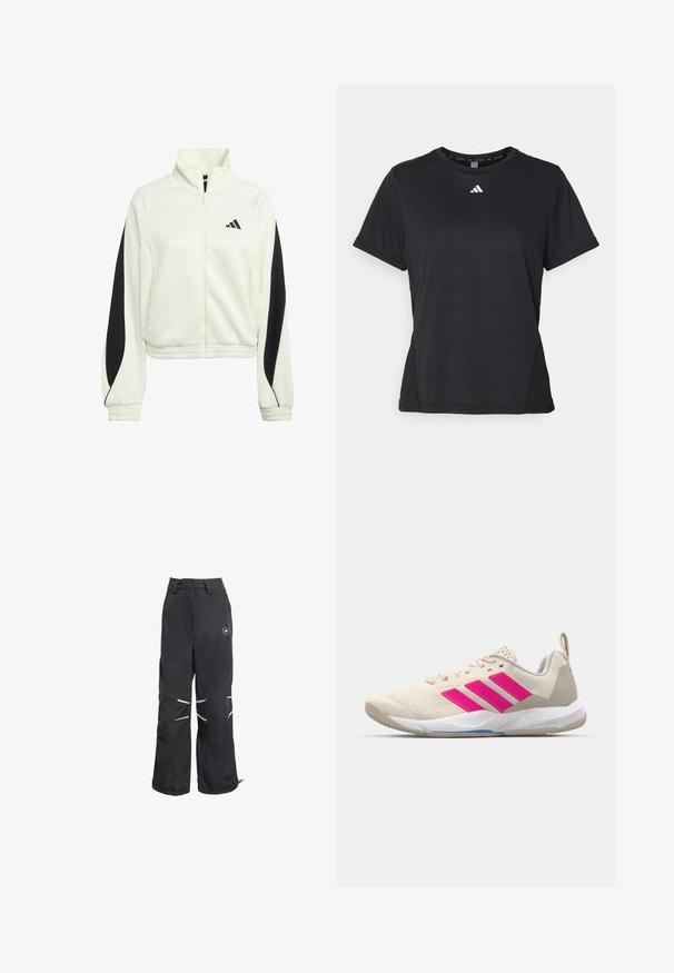 White zip-up jacket with black accent panels, ribbed cuffs, and a high neckline. Features the Adidas logo on the left chest area.; Black athletic t-shirt with short sleeves, round neckline, and a white logo on the chest. Made from smooth, stretchable fabric.; Black wide-leg pants with reflective details on knees, high waist with belt loops, and a circular logo on the upper right thigh.; Beige athletic shoe with pink three-stripe logo, textured mesh upper, padded collar, and white rubber sole, featuring "LIGHTSTRIKE" branding.