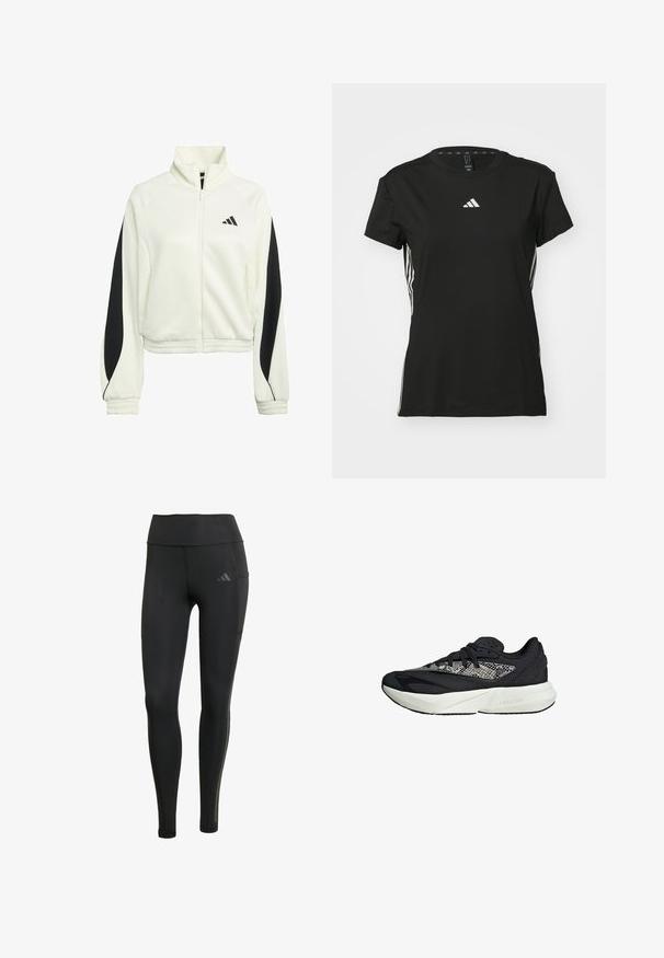 Hvid lynlåsjakke med sorte accentpaneler, ribbede manchetter og høj halsudskæring. Har Adidas-logoet på venstre brystområde.; Sort athletic t-shirt med korte ærmer, lavet af syntetisk materiale. Har et lille hvidt logo på brystet og hvide striber på siderne.; Sorte atletiske leggings lavet af strækbare materialer, med høj talje, tonale syninger og et lille logo på den øverste venstre ben.; Sort og grå sneaker med en struktureret strikoverdel, hvid mellemsål med "LIGHTSTRIKE" branding og design med rund tå.