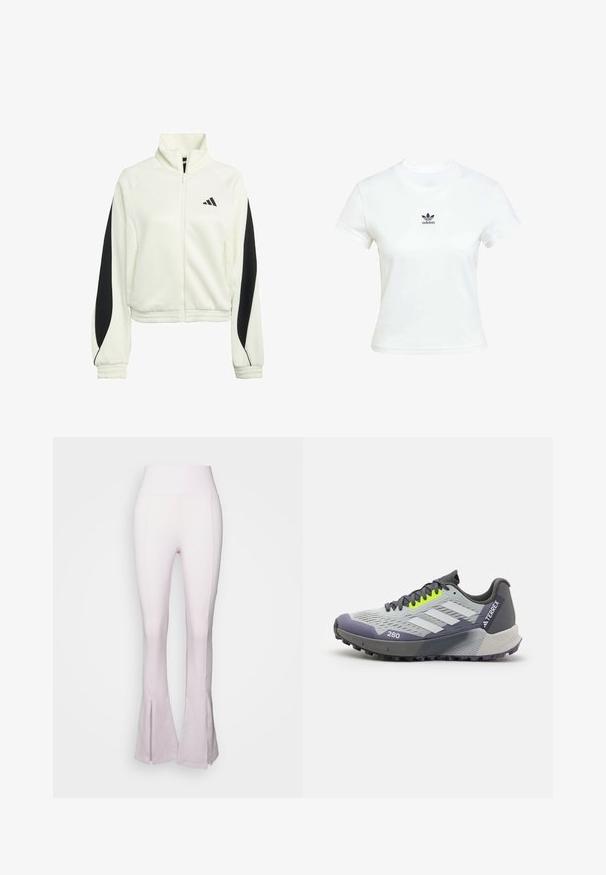 Bijela jakna na zip s crnim akcentnim panelima, rebrastim rukavima i visokim ovratnikom. Sadrži Adidas logo na lijevoj strani prsnog područja.; Bjela pamučna majica kratkih rukava s okruglim izrezom. Ima crni Adidas logo otisnut na prsima. Jednostavan, minimalistički dizajn.; Svijetloružičaste širene hlače s visokim strukom, s glatkom teksturom i prorezom na dnu. Izrađene su od rastezljivog, uskog materijala.; adidas Terrex AGRAVIC FLOW 2.0 - Tenisice za trail trčanje - silver/crystal white/lucid lemon