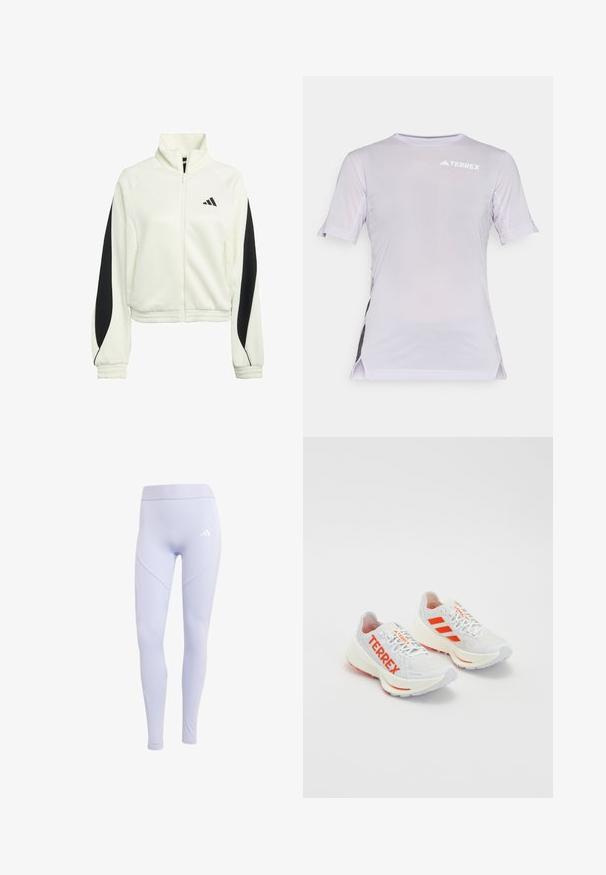 Hvid lynlåsjakke med sorte accentpaneler, ribbede manchetter og høj halsudskæring. Har Adidas-logoet på venstre brystområde.; Lyse lilla atletisk kortærmet skjorte med mesh-paneler på siderne, rund halsudskæring, og logo på brystet. Åndbart materiale.; Lyse lilla leggings lavet af strækbart stof med en høj talje, der har et diskret logo og et sømløst sidepaneldesign.; Hvide løbesko med orange accenter. Mesh-materiale, rund tå og tyk mellemsål. "TERREX" trykt på ydersiden og tre striber på hælen.
