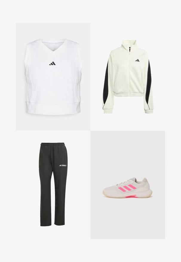Hvid lynlåsjakke med sorte accentpaneler, ribbede manchetter og høj halsudskæring. Har Adidas-logoet på venstre brystområde.; adidas Performance TENNIS PRO AEROREADY CROP - Top - white; Sorte letvægtsbukser med elastisk talje. Har et diskret "TERREX" logo i hvid. Glat stof og lige ben-design.; Lys grå sportsko med pink accenter og tre striber. Har en mesh-overdel, polstret tunge og gummisål med trækkraft.