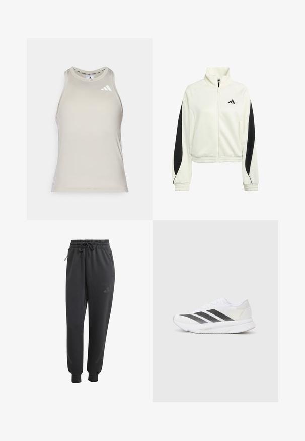 Bijela jakna na zip s crnim akcentnim panelima, rebrastim rukavima i visokim ovratnikom. Sadrži Adidas logo na lijevoj strani prsnog područja.; Bež majica bez rukava za sport izrađena od glatkog materijala. Ima okrugli izrez i tri bijele pruge s logotipom na lijevoj strani grudnog koša.; Crne sportske hlače s remenom za podešavanje u struku, bočnim džepovima na sipku i suženim manžetama. Sadrže suptilni logo u usklađenoj boji na butini.; Bijela atletska cipela s crnim dijagonalnim trakama, mrežastim gornjim dijelom, zaobljenim prstom i teksturiranim potplatom. Akcenti uključuju srebrnu petu i minimalistički dizajn.