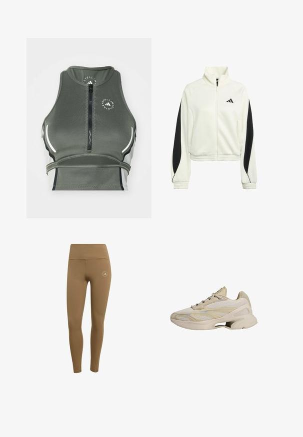 White zip-up jacket with black accent panels, ribbed cuffs, and a high neckline. Features the Adidas logo on the left chest area.; Sporty green crop top made of stretchy fabric, featuring a front zip, lightweight design, white accents, and a round logo.; Brown leggings made of a smooth, stretchy fabric, featuring a high waist and a small logo detail on the lower left leg.; Beige athletic shoes with mesh and synthetic materials, featuring a curved sole, layered design, and subtle yellow accents.