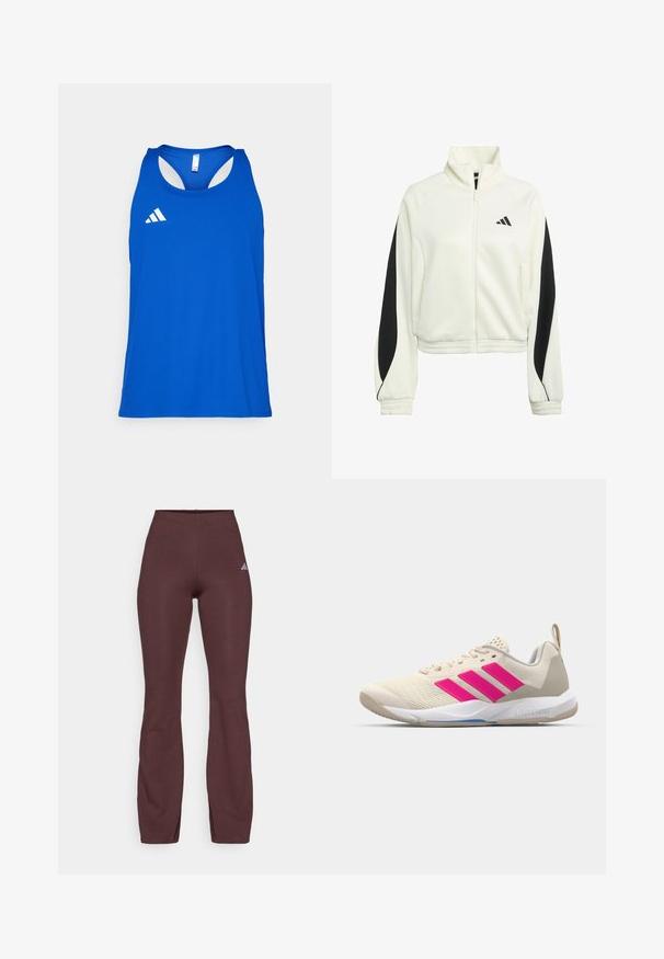 Bijela jakna na zip s crnim akcentnim panelima, rebrastim rukavima i visokim ovratnikom. Sadrži Adidas logo na lijevoj strani prsnog područja.; Plava bezrukava atletska majica s okruglim izrezom i dizajnom na leđenom dijelu; sadrži bijeli logo na gornjoj lijevoj strani.; Bordo atletske tajice s prilagođenim dizajnom, glatkom teksturom i suptilnim Adidas logotipom u svijetlo ljubičastoj boji na lijevom bedru.; Bež sportska cipela s ružičastim logotipom u obliku tri pruge, gornjište od teksturirane mrežice, podstavljeni ovratnik i bijela gumena đon, s "LIGHTSTRIKE" brendom.