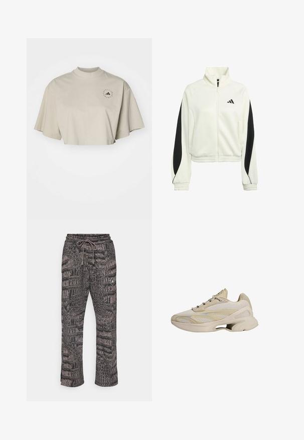 Valkoinen vetskarihousu takki mustilla korostepaneeleilla, ribattuilla hihansuilla ja korkealla kauluksella. Vasemmassa rinnassa Adidas-logo.; Lyhyet hihat, vaaleanbeige puuvillapaita. Ominaisuuksina korkea kaulus ja musta pyöreä logo vasemmassa rinnassa.; adidas by Stella McCartney LOOSE - Verryttelyhousut - black/charcoal; Beige urheilukengät, joissa on verkko- ja synteettisiä materiaaleja, kaarevalla pohjalla, kerroksellisella designilla ja hienovaraisilla keltaisilla yksityiskohdilla.