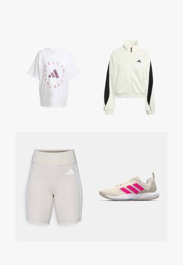 White zip-up jacket with black accent panels, ribbed cuffs, and a high neckline. Features the Adidas logo on the left chest area.; Oversized white cotton t-shirt with red circular text and a multicolor Adidas logo in the center. Short sleeves and round neckline.; Beige athletic shorts with a high waistband, smooth texture, three white stripes on the sides, and a small white logo on the front.; Beige athletic shoe with pink three-stripe logo, textured mesh upper, padded collar, and white rubber sole, featuring "LIGHTSTRIKE" branding.