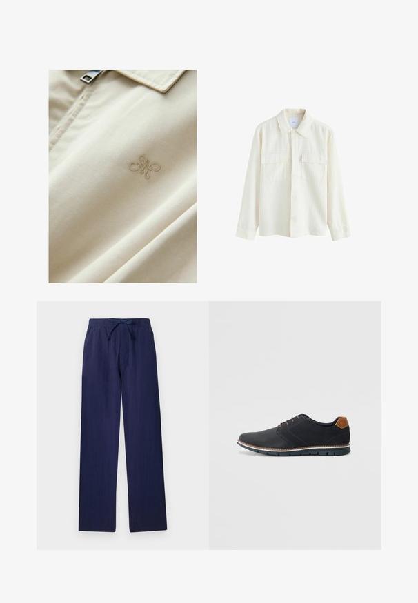 Gaišbeige audums ar gludu tekstūru; ar šķietami smalki izšūtu logo un sudraba rāvējslēdzēju pie apkakles.; Krēmkrāsas krekls ar pogām, izgatavots no tekstūrēta auduma, ar apkakli, divām krūšu kabatām un garām piedurknēm ar pogu aprocēm.; Tums zilas, platās bikses, izgatavotas no viegla auduma. Iezīmē elastīgu jostas vietu ar auklu un sānu kabatām. Gluda tekstūra.; Melni sintētiskie apavi ar struktūru augšdaļā, gludu akcentu, brūnu papēdi un kontrastējošu zoli. Iezīmē minimālu šņorēšanu un šuvju detaļas.