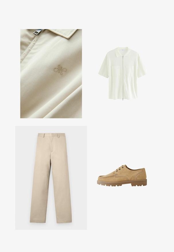 Světlý béžový materiál s hladkým povrchem; obsahuje decentně vyšívané logo a stříbrný zip u límce.; Krátký rukáv, bílá zipová košile z texturované látky, s límečkem a dvěma předními kapsami se čtvercovými klapkami.; Béžové kalhoty se střihém rovného nohavice, plochým předním dílem, dvěma bočními kapsami a zapínáním na zip. Vyrobené z hladké bavlněné tkaniny.; Hnědé semišové šněrovací boty s kulatou špičkou, kontrastním prošíváním a silnou gumovou podrážkou s pryžovým vzorem pro lepší trakci.