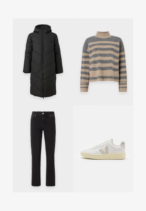 Črn dolg puhovka z zadrgo spredaj, kapuco in vzorcem v črto. Ima široke rokave in gladko, izolirano teksturo.; Prajčast pulover z šivi v sivi in bež barvi, visokim ovratnikom, širokimi manšetami in sproščenim krojem s skrajšano zasnovo.; Črne džins hlače s ravnim krojem, z zaponko iz srebra, sprednjimi žepi in minimalnim šivanjem. Mehka, teksturirana tkanina.; Bela usnjena tenisača z bež semiš poudarki, perforiranim prednjim delom, ravnimi vezalkami in strukturiranim kremnim podplatom. Ima diskretno blagovno znamko na peti.