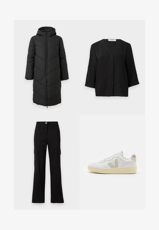 Svart lang pufferkjole med glidelås foran, hette og chevronmønster. Har vide ermer og en glatt, isolert tekstur.; Svart kortermet skjorte med V-hals, har et teksturert stoff og seks svarte knapper foran.; Svarte cargo bukser med rett ben-design, med to sidelommer, knappeåpning, og laget av slitesterkt bomullsstoff.; Hvite lær sneakers med beige semsket detaljer, perforert tåboks, flate lisser og en teksturert kremfarget såle. Har subtil branding på hælen.