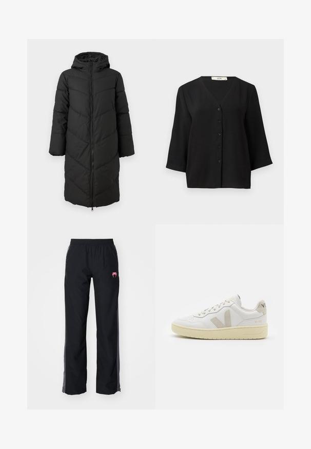 Schwarzer langer Daunenmantel mit Reißverschluss vorne, Kapuze und Chevron-Muster. Verfügt über weite Ärmel und eine glatte, isolierte Textur.; Schwarzes, kurzärmeliges Button-Up-Top mit V-Ausschnitt, aus strukturiertem Stoff und mit sechs schwarzen Knöpfen vorne.; Schwarze Outdoor-Hosen mit elastischem Bund, Seitentaschen und pinkem Logo. Sie verfügen über ein gerades Bein-Design und kontrastierende graue Akzente.; Weiße Ledersneaker mit beigen Wildlederakzenten, perforierte Zehenbox, flache Schnürsenkel und eine strukturierte cremefarbene Sohle. Mit dezentem Branding an der Ferse.