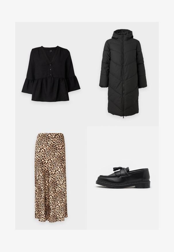 Cappotto lungo nero tipo puffer con zip frontale, cappuccio e motivo a chevron. Presenta maniche ampie e una texture liscia e isolante.; Blusa nera con scollo a V, chiusura con bottoni e maniche a campana con orlo arricciato. Realizzata in tessuto testurizzato con una vestibilità ampia.; Gonna lunga con stampa leopardata realizzata in tessuto liscio. Base beige con macchie nere e marroni. Design svasato con orlo dritto.; Mocassino in pelle nera con dettagli a frangia, cuciture lungo il bordo e una suola in gomma spessa per una maggiore durata.
