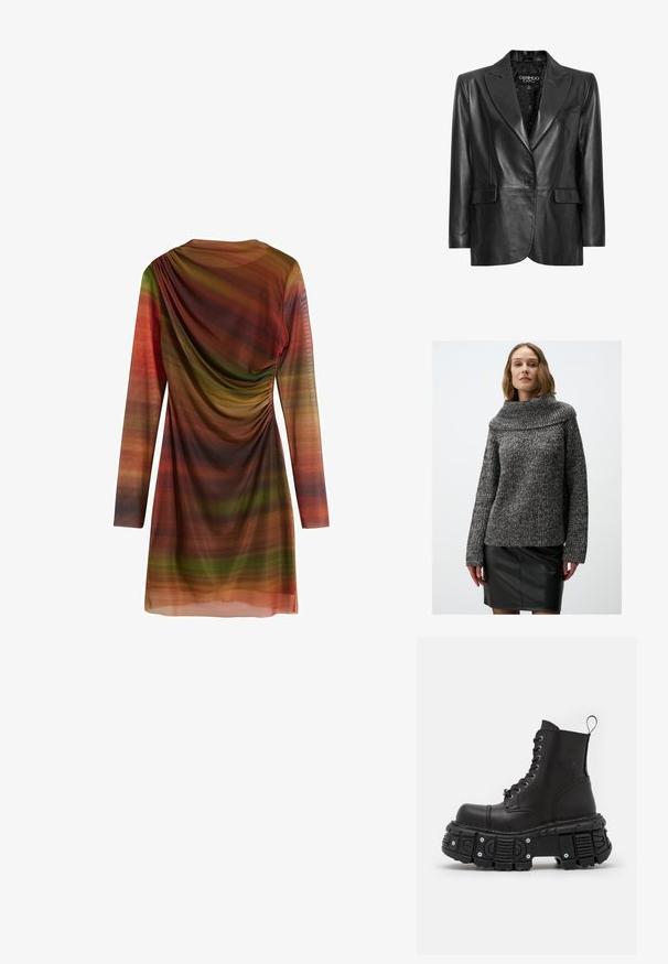 Zwarte leren blazer met een gesneden revers, enkele knoopsluiting, twee voorzakken en een gestructureerde voering. Ontworpen met een getailleerde pasvorm.; Chunky gebreide trui in donkergrijs en zwart met een brede, omgeslagen kraag en lange mouwen, gecombineerd met een zwarte leren rok.; Langsleeve jurk van lichtgewicht stof met meerkleurige horizontale strepen in tinten groen, oranje en bruin; voorzien van gathered details.; Zwarte leren gevechtslaarzen met een hoge schacht, vetersluiting, dikke rubberen zool en metalen accenten op de basis van de zool.