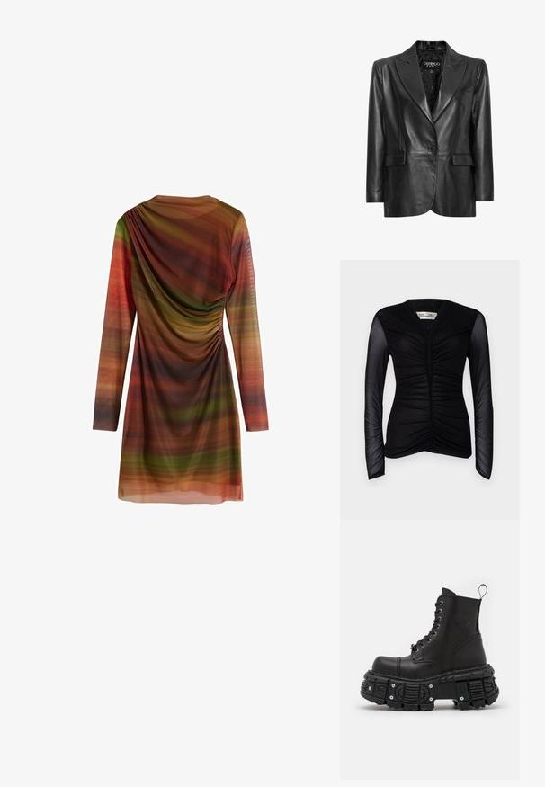 Zwarte leren blazer met een gesneden revers, enkele knoopsluiting, twee voorzakken en een gestructureerde voering. Ontworpen met een getailleerde pasvorm.; Zwarte lange mouw top met een geraffineerd voorontwerp, gemaakt van lichtgewicht stof. Heeft doorschijnende mouwen en een V-hals.; Langsleeve jurk van lichtgewicht stof met meerkleurige horizontale strepen in tinten groen, oranje en bruin; voorzien van gathered details.; Zwarte leren gevechtslaarzen met een hoge schacht, vetersluiting, dikke rubberen zool en metalen accenten op de basis van de zool.