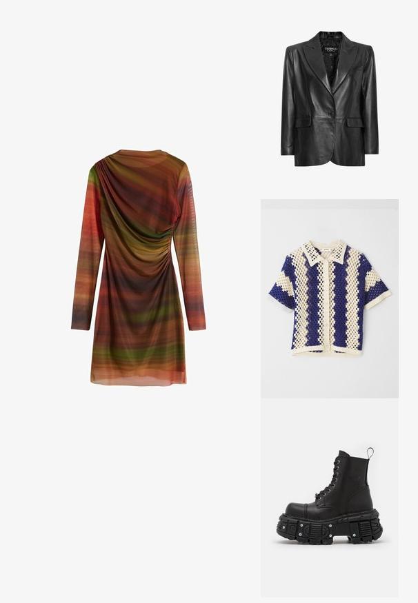 Zwarte leren blazer met een gesneden revers, enkele knoopsluiting, twee voorzakken en een gestructureerde voering. Ontworpen met een getailleerde pasvorm.; Korte mouw gebreid shirt met een kraag, heeft een ruitpatroon in crème en marineblauw, met een knoopsluiting aan de voorkant en een textuurafwerking.; Langsleeve jurk van lichtgewicht stof met meerkleurige horizontale strepen in tinten groen, oranje en bruin; voorzien van gathered details.; Zwarte leren gevechtslaarzen met een hoge schacht, vetersluiting, dikke rubberen zool en metalen accenten op de basis van de zool.